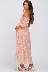 Mauve Floral Chiffon Smocked Off Shoulder Maternity Midi Dress