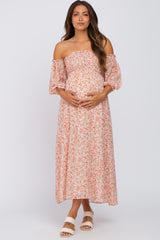 Mauve Floral Chiffon Smocked Off Shoulder Maternity Midi Dress