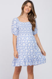 Blue Floral Smocked Maternity Dress