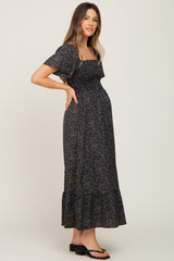 Black Floral Smocked Maternity Maxi Dress