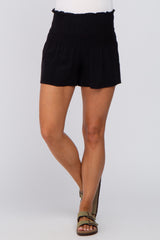 Black Smocked High Waist Maternity Shorts