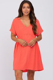 Coral Swiss Dot V-Neck Maternity Dress