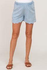 Light Blue Scalloped Maternity Chambray Shorts