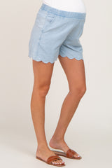 Light Blue Scalloped Maternity Chambray Shorts