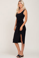 Black Ribbed Back Cutout Midi Dress