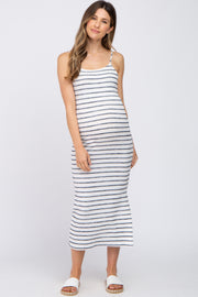 Ivory Striped Square Neck Side Slit Maternity Midi Dress