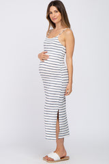 Ivory Striped Square Neck Side Slit Maternity Midi Dress