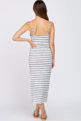 Ivory Striped Square Neck Side Slit Maternity Midi Dress