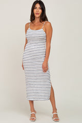 Ivory Striped Square Neck Side Slit Midi Dress