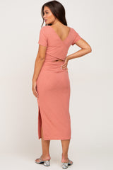 Mauve Ribbed Back Wrap Maternity Midi Dress