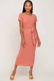 Mauve Ribbed Back Wrap Midi Dress