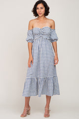 Blue Gingham Sweetheart Neck Front Tie Off Shoulder Maternity Midi Dress