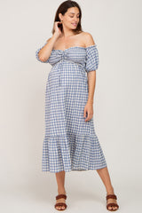 Blue Gingham Sweetheart Neck Front Tie Off Shoulder Maternity Midi Dress