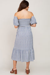 Blue Gingham Sweetheart Neck Front Tie Off Shoulder Maternity Midi Dress