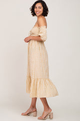 Camel Gingham Sweetheart Neck Front Tie Off Shoulder Midi Dress