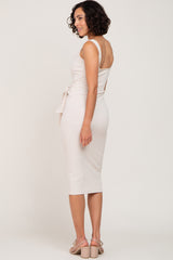 Beige Brushed Ribbed Front Tie Midi Dress