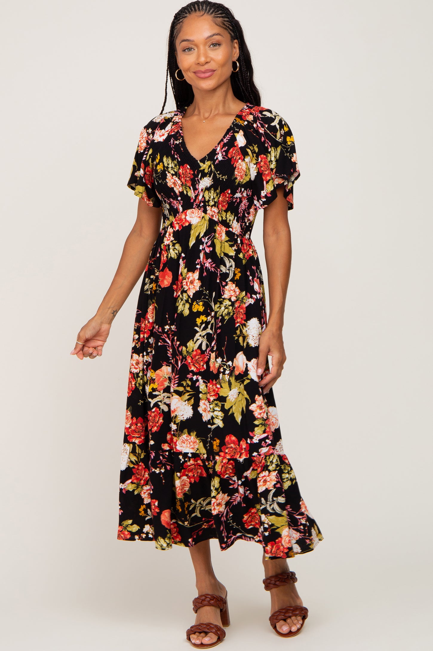 Black Floral Smocked V-Neck Midi Dress – PinkBlush