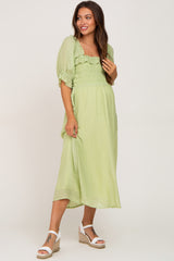 Light Green Smocked Ruffle Accent Maternity Midi Dress