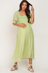 Light Green Smocked Ruffle Accent Maternity Midi Dress