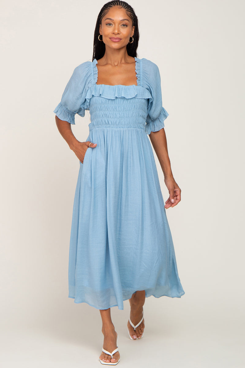 Light Blue Smocked Ruffle Accent Midi Dress – PinkBlush