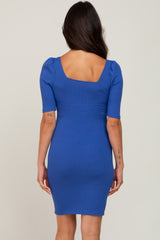 Royal Blue Ribbed Square Neck Puff Short Sleeve Dress