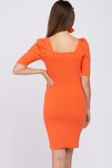 Orange Ribbed Square Neck Puff Short Sleeve Maternity Dress