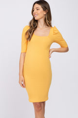 Yellow Ribbed Square Neck Puff Short Sleeve Maternity Dress