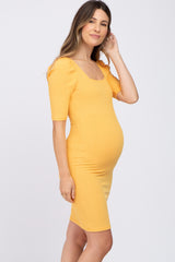 Yellow Ribbed Square Neck Puff Short Sleeve Maternity Dress