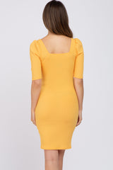 Yellow Ribbed Square Neck Puff Short Sleeve Maternity Dress