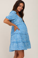 Blue Leopard Print Front Tie Ruffle Tiered Maternity Dress