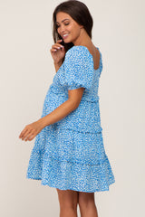 Blue Leopard Print Front Tie Ruffle Tiered Maternity Dress