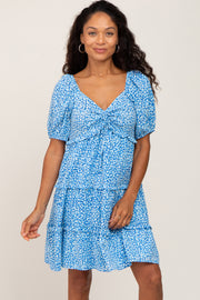 Blue Leopard Print Front Tie Ruffle Tiered Dress