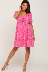 Fuchsia Leopard Print Front Tie Ruffle Tiered Dress