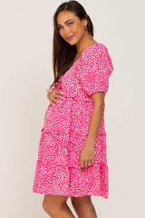 Fuchsia Leopard Print Front Tie Ruffle Tiered Maternity Dress