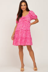 Fuchsia Leopard Print Front Tie Ruffle Tiered Maternity Dress