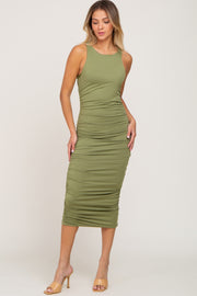 Olive Ruched Fitted Midi Dress