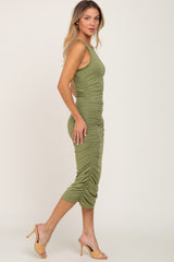 Olive Ruched Fitted Midi Dress