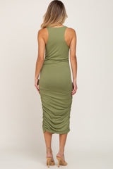 Olive Ruched Fitted Midi Dress