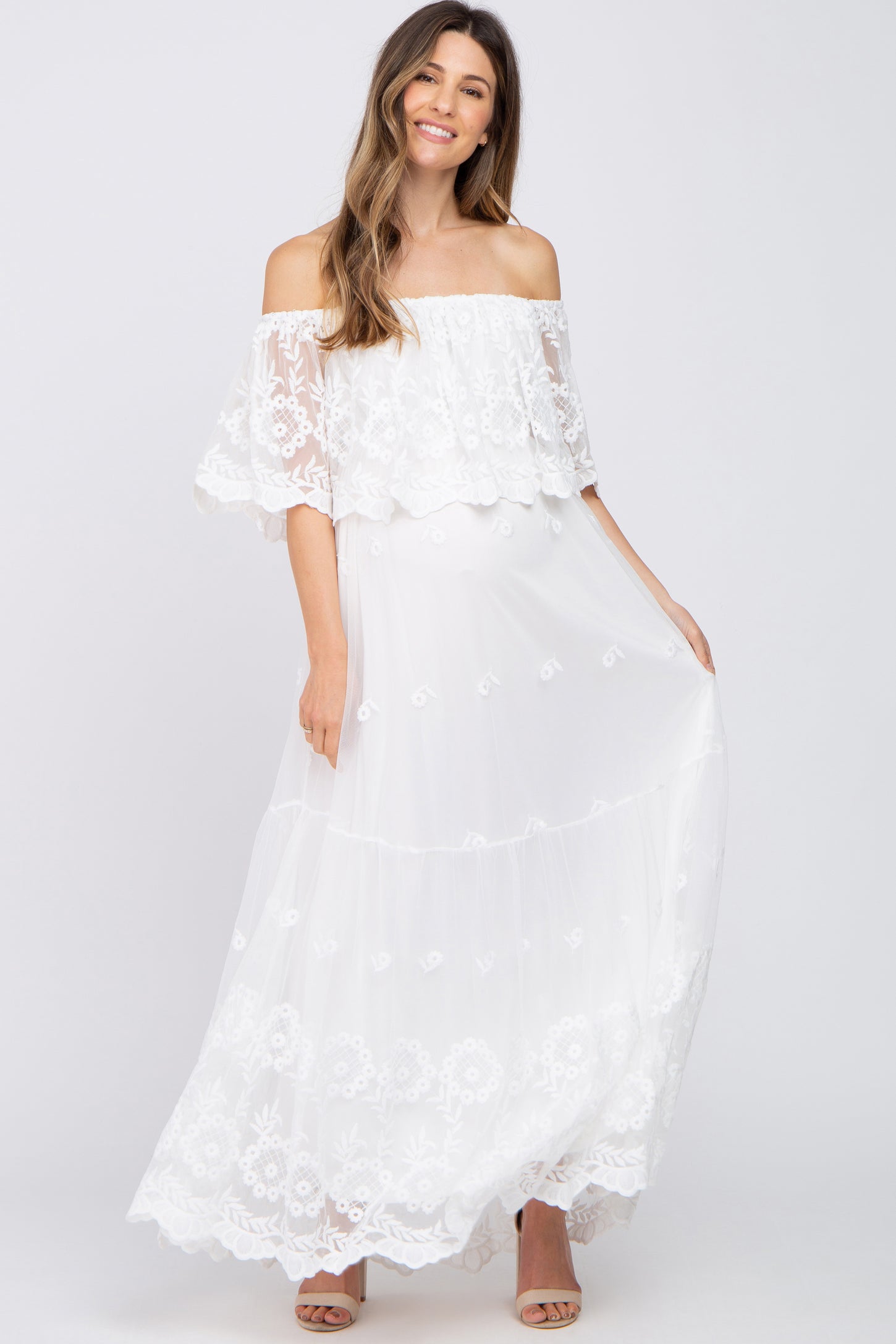 Ivory Overlay Off Shoulder Maternity Maxi Dress – PinkBlush