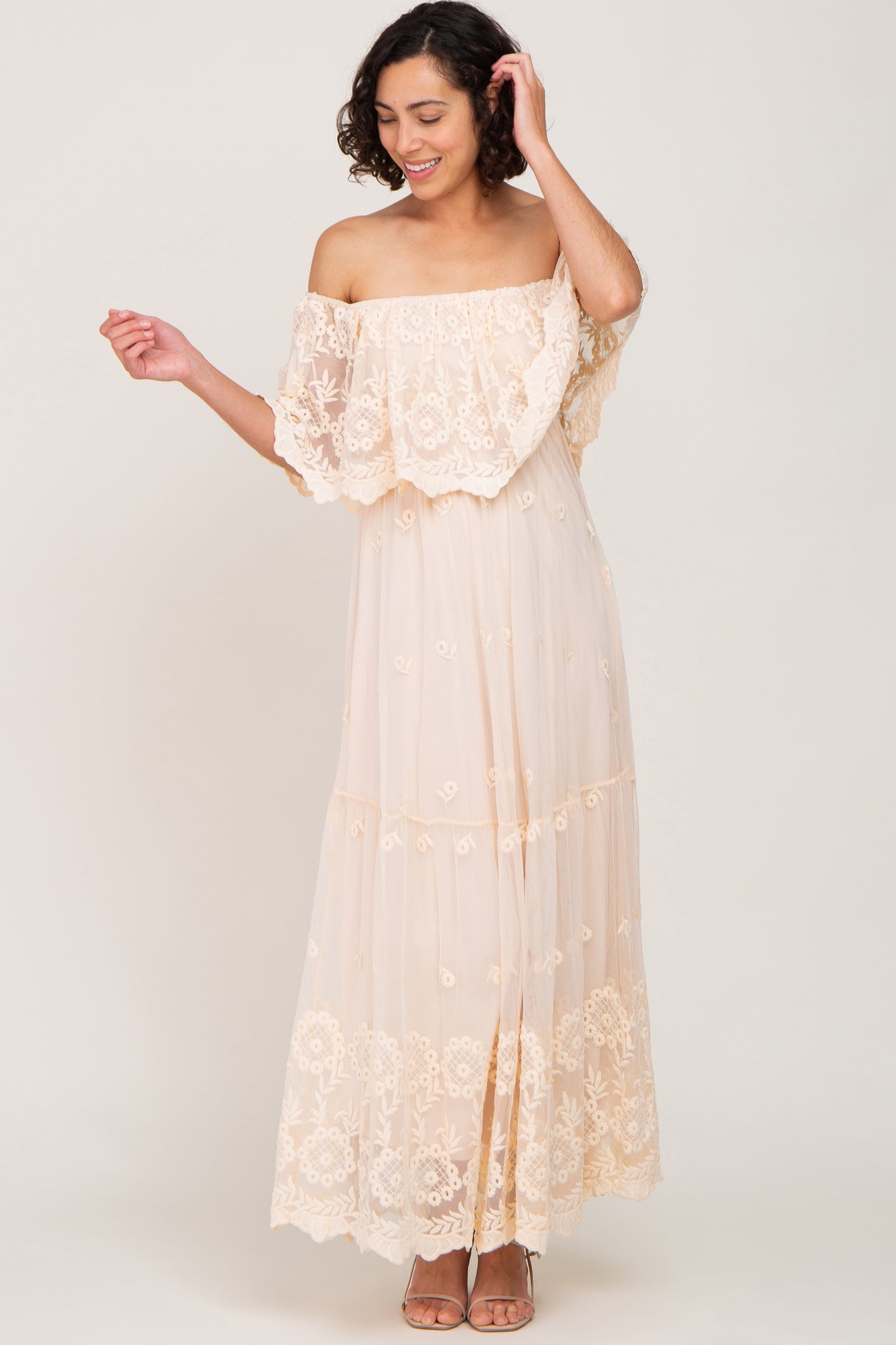 Light Olive Lace Overlay Off Shoulder Flounce Maxi Dress– PinkBlush