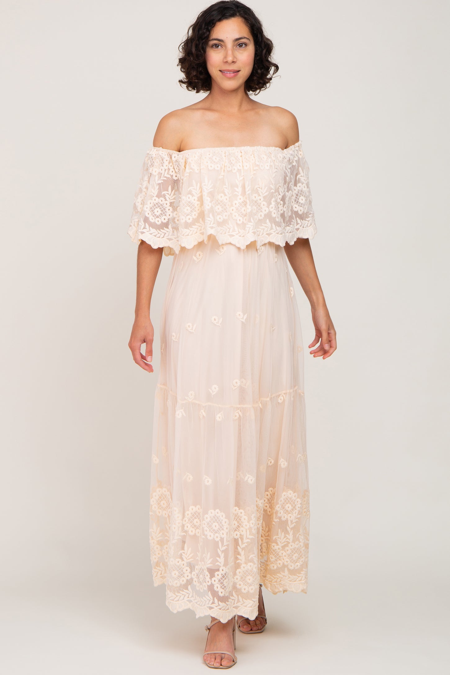 Light Olive Lace Overlay Off Shoulder Flounce Maxi Dress– PinkBlush