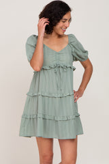 Light Olive Plaid Ruffle Tier Dress