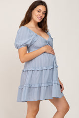 Light Blue Plaid Ruffle Tier Maternity Dress