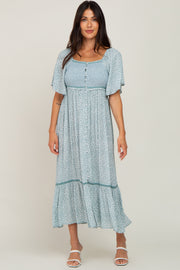 Light Blue Floral Square Neck Smocked Button Front Midi Dress