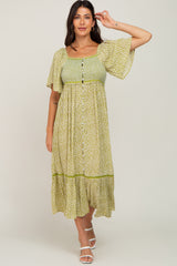 Light Olive Floral Square Neck Smocked Button Front Midi Dress