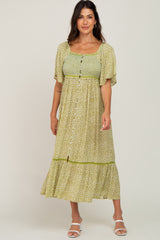 Light Olive Floral Square Neck Smocked Button Front Midi Dress