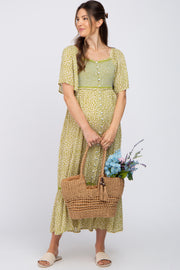 Light Olive Floral Square Neck Smocked Button Front Maternity Midi Dress