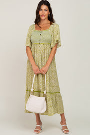 Light Olive Floral Square Neck Smocked Button Front Midi Dress