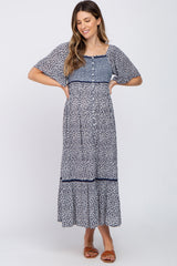 Navy Blue Floral Square Neck Smocked Button Front Maternity Midi Dress