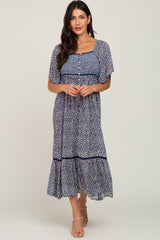 Navy Blue Floral Square Neck Smocked Button Front Midi Dress